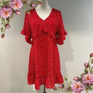 Red Polka Dot v-neck Ruffle short sleeves mini Dress size medium